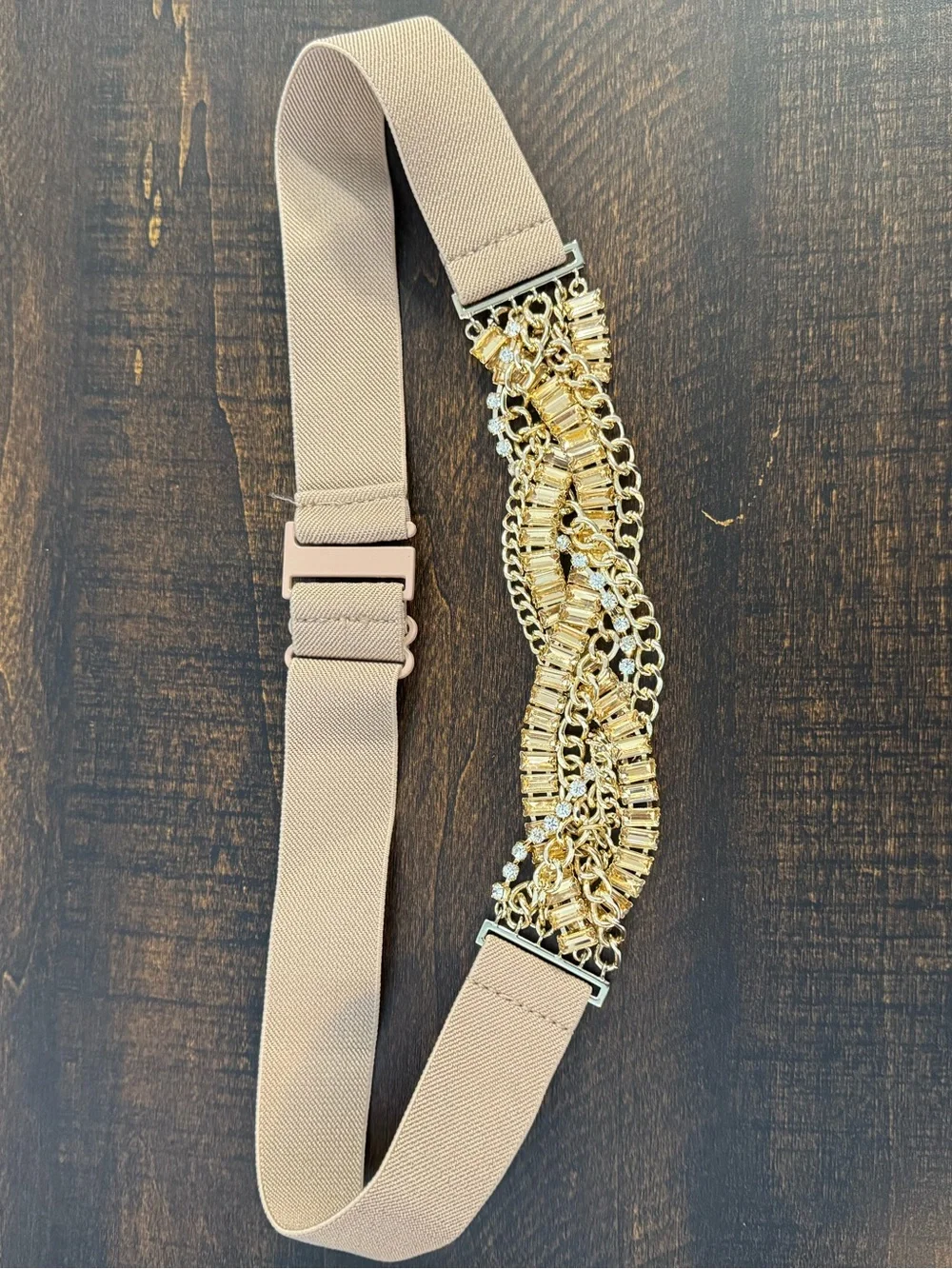 BCBGMaxAzria Beige Elastic Belt with Gold Chain and Rhinestones
